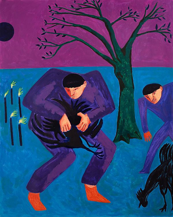 Rolankay, Gallo Negro, 2022, óleo sobre tela, 170 x 137 cm. Cortesía del artista e Isabel Croxatto Galería