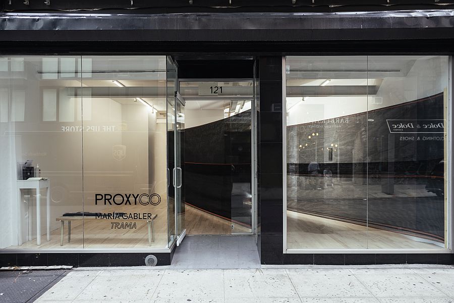 View of the facade of Proxyco Gallery, NY. "Trama" exhibition by María Gabler, 2022. Photo: Luis Corzo