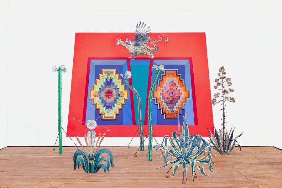 Claudia Martínez Garay, Ghost Kingdom, 2022. Painted wall mural, sublimated print on aluminum (9 parts), steel stand (6 parts)
505.5 x 472.4 x 292.1 cm | 199 x 186 x 115 in (approx.) Courtesy: GRIMM