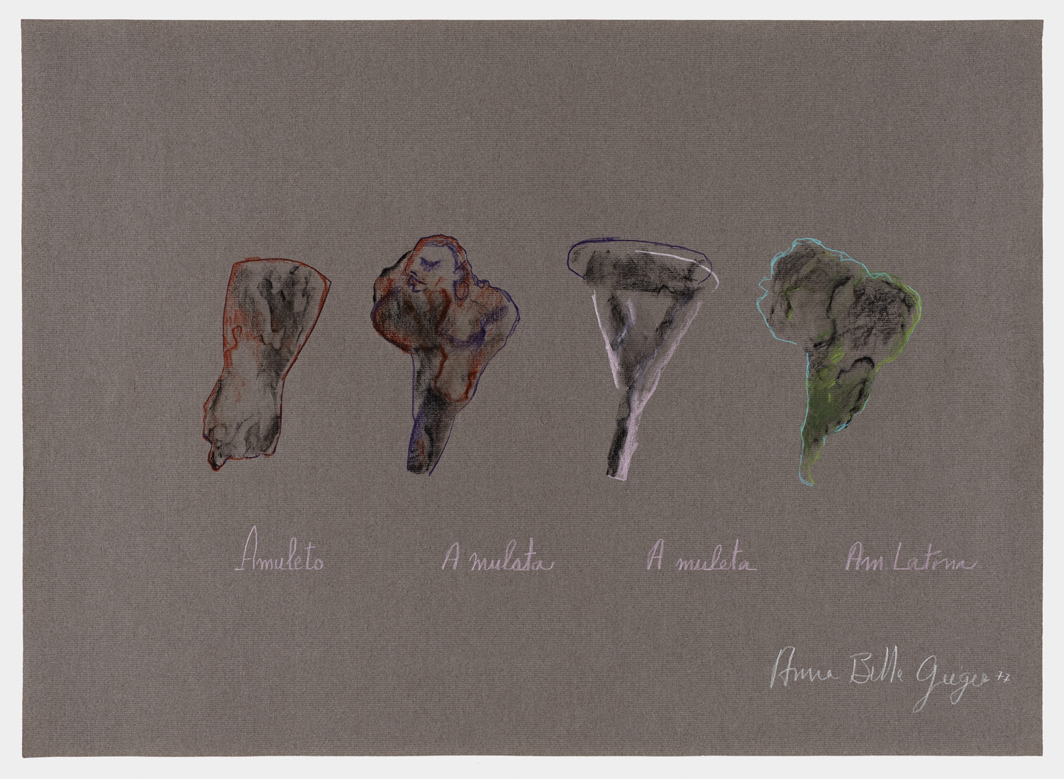 Anna Bella Geiger, Amuleto, 1977, grafito y lápices de colores sobre papel, 48 x 66.3 cm. Cortesía: Henrique Faria Fine Art