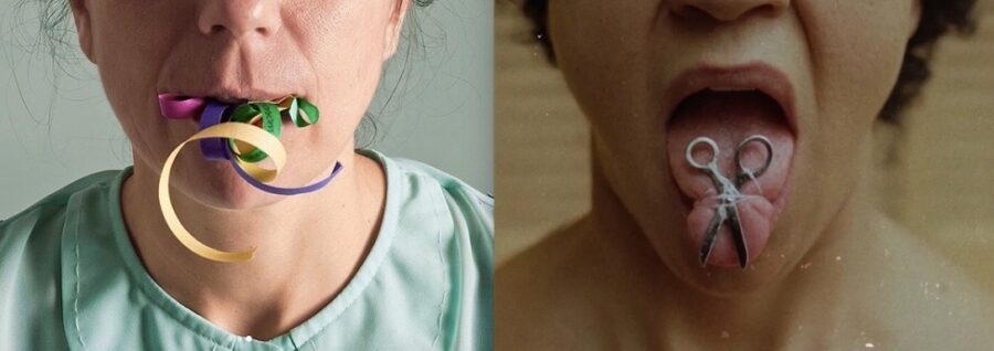 dos mujeres miran de frente y sacan la lengua. La de la izquierda tiene una serpentina en la boca y la muestra. La de la derecha tiene una pequeña tijera amarrada a su lengua