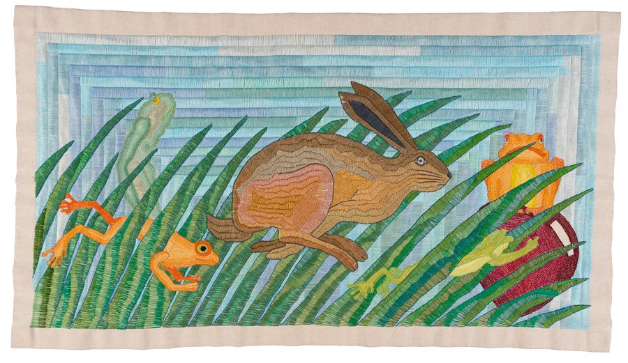 Paloma Castillo, Res Non Verba, 2023, bordado a mano con hilos de algodón sobre fibra sintética, 50 x 89 cm. Cortesía de la artista e Isabel Croxatto Galería