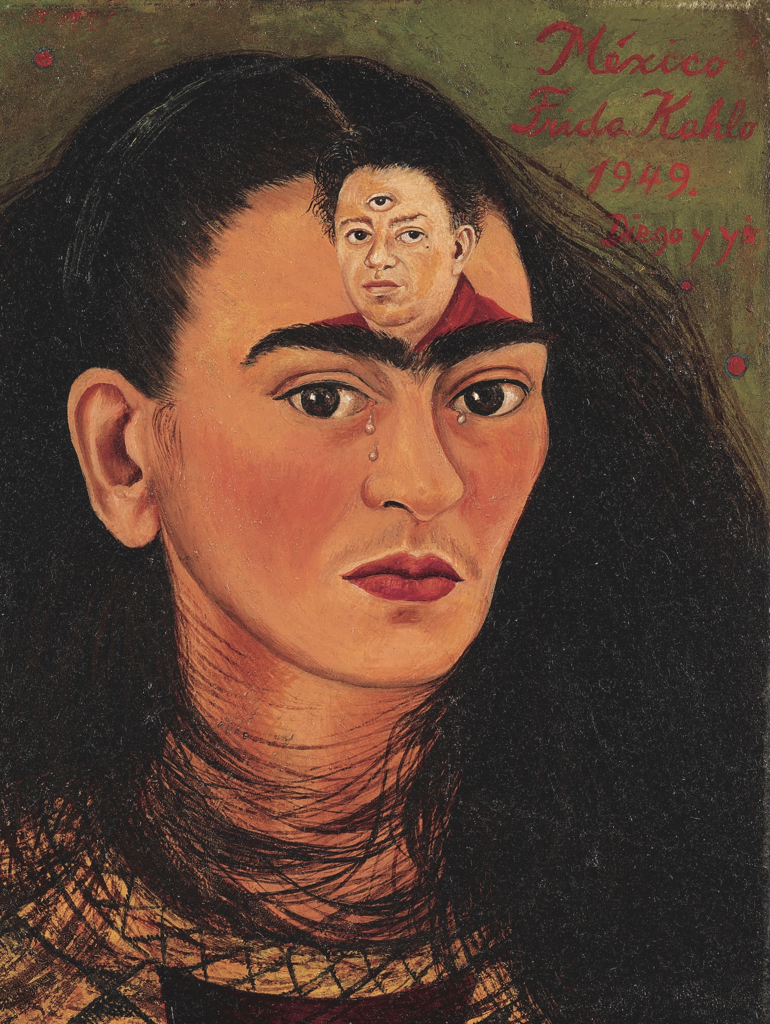 Frida Kahlo, Diego y yo, 1949. Óleo sobre masonite [panel de fibra de madera prensada], 30 x 22,4 cm. Colección Eduardo F. Costantini