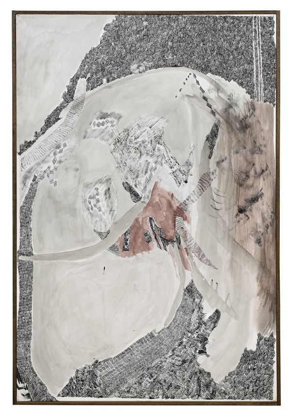 Stella Ticera, S/T, 2022. Tinta china y lápiz en papel marouflado sobre lienzo, 150 x 100 cm. Cortesía de la artista