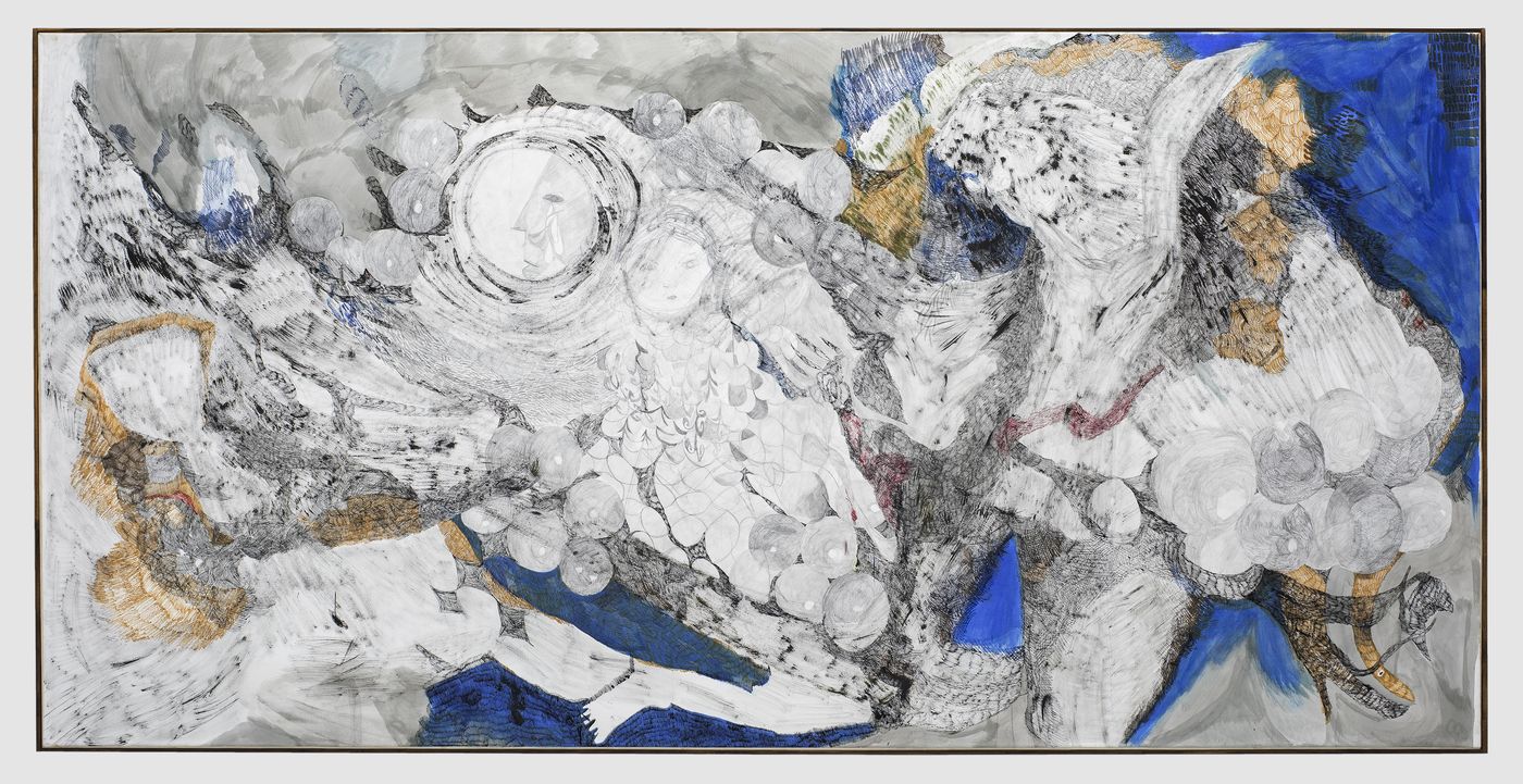 Stella Ticera, Serie Imán, 2022. Tinta china y lápiz en papel marouflado sobre lienzo, 150 x 300 cm. Cortesía de la artista