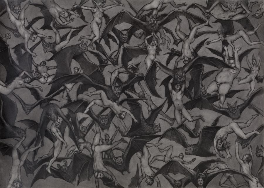 Carlos Motta, Fall of the Damned (Bats) (2022). Grafito sobre papel, 71,8 x 100,6 cm. Cortesía Mor Charpentier.