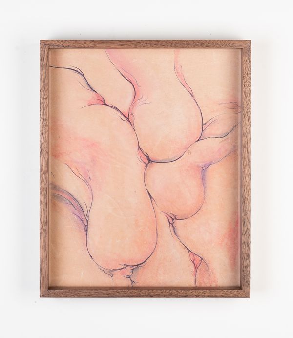 Martín Soto Climent, Bloopthesgush, 2023. Bolígrafo y maquillaje sobre piel de cerdo, 30.8 x 24.8 cm. Cortesía: Gamma Galería