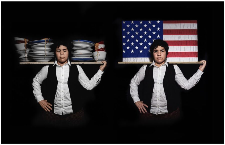 Two versions of the same unsmiling adult stand side by side, each supporting a tray on their shoulders, one is stacked with used dishes and the other has an American flag