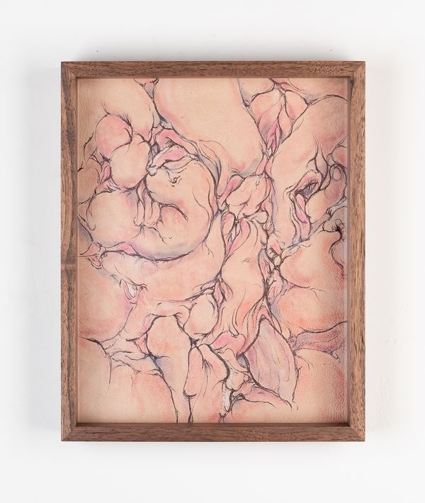 Martín Soto Climent, Blobuptzy, 2023. Bolígrafo y maquillaje sobre piel de cerdo, 30.8 x 24.8 cm. Cortesía Gamma Galería 