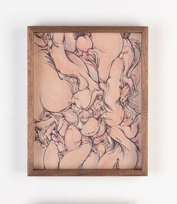Martín Soto Climent, Melting Feast, 2022. Bolígrafo y maquillaje sobre piel de cerdo, 30.8 x 24.8 cm. Cortesía Gamma Galería