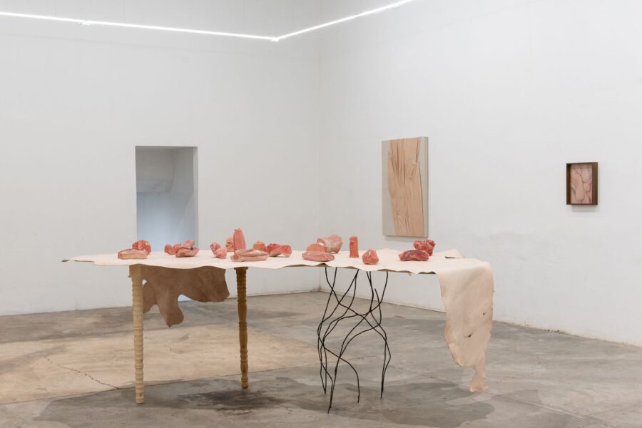 Martín Soto Climent, Melting Feast, 2023. Cerámica, piel de cerdo, madera, metal. Cortesía: Gamma Galería