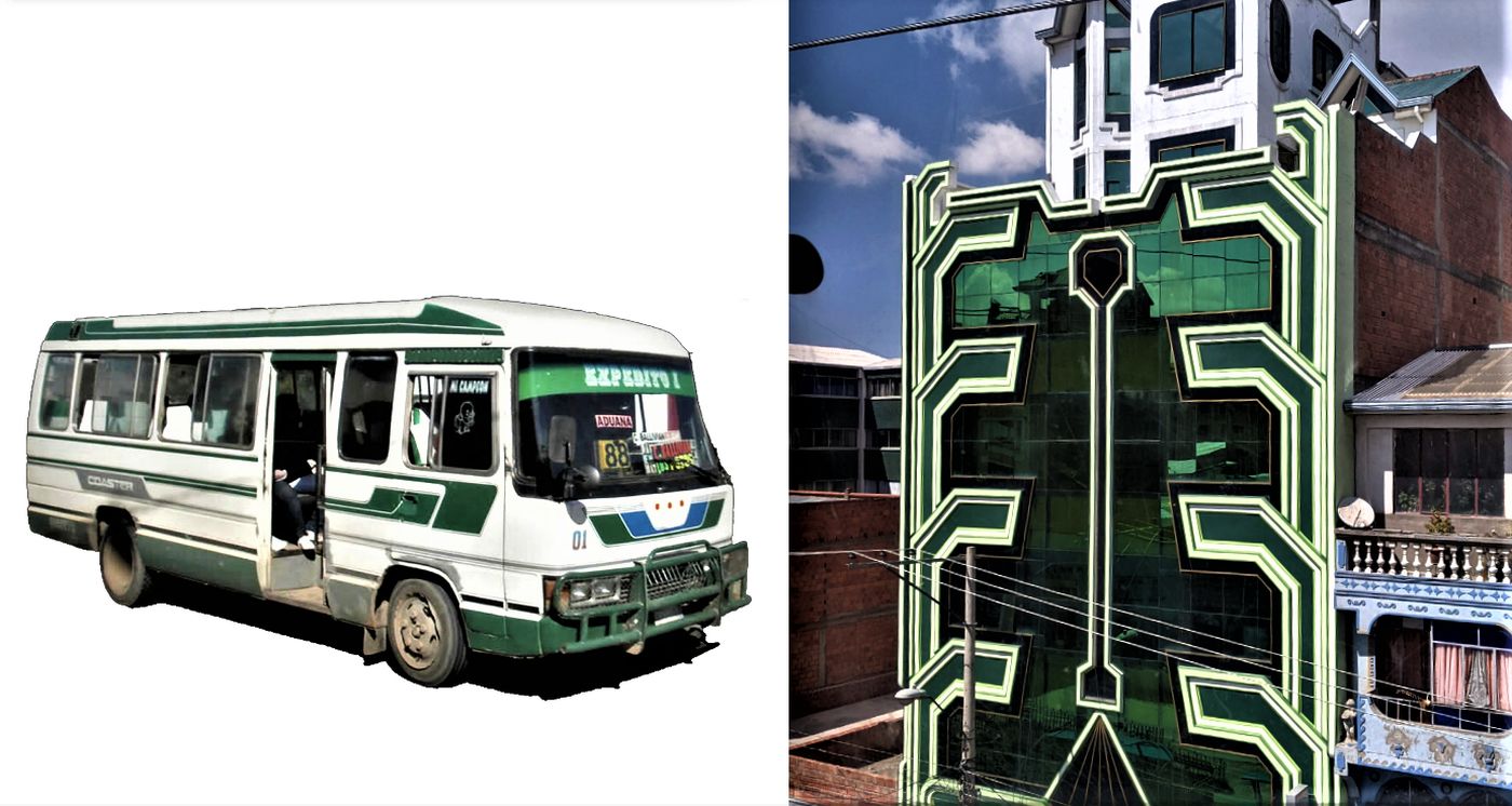 Laure Catugier relaciona el decorado de los buses de Santa Cruz (Bolivia) con la “arquitectura neoandina” que se observa en El Alto (Bolivia). Registro de la artista