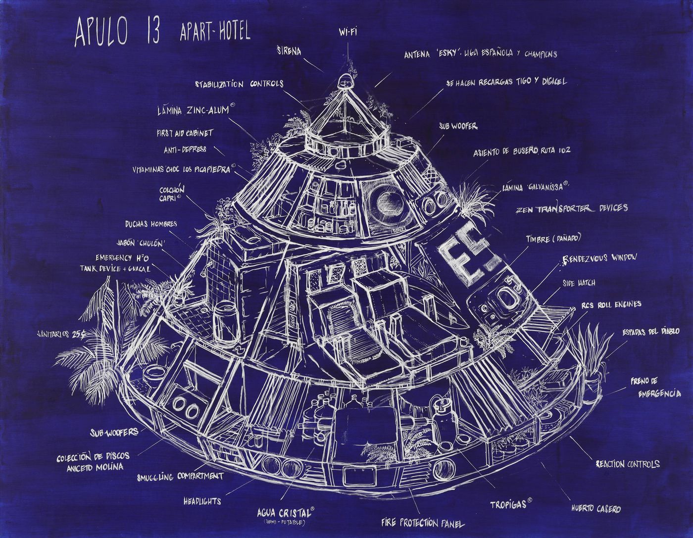 Simón Vega, Planos de Módulos Espaciales del Tercer Mundo, 2015-2018, acrílico sobre tela de algodón, 116,5 x 146,5 cm. Foto cortesía Museo Reina Sofía