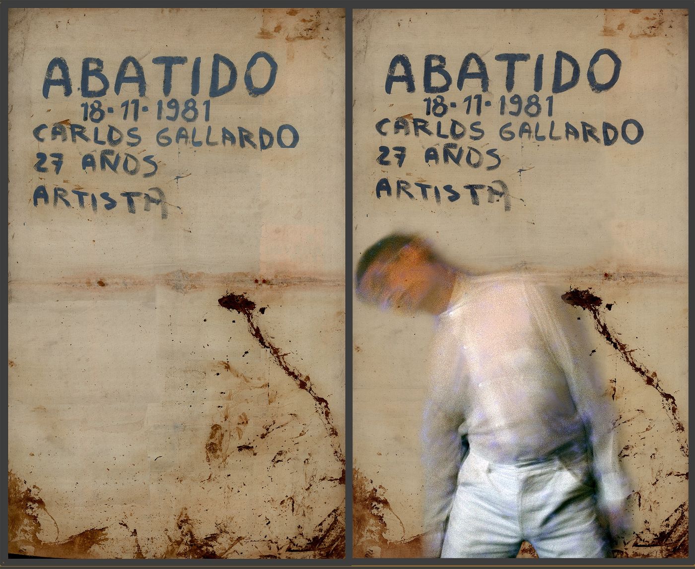 Carlos Gallardo, Abatido / A la carne de Chile, 1981. Sangre, agua y fluidos sobre lienzo crudo, y fotografía analógica en color, doble exposición. Cortesía del artista