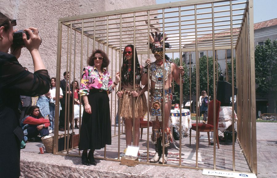 Coco Fusco and Guillermo Gómez-Peña, Two Undiscovered Amerindians Visit the West, 1992. Photo: Nancy Lytle.
