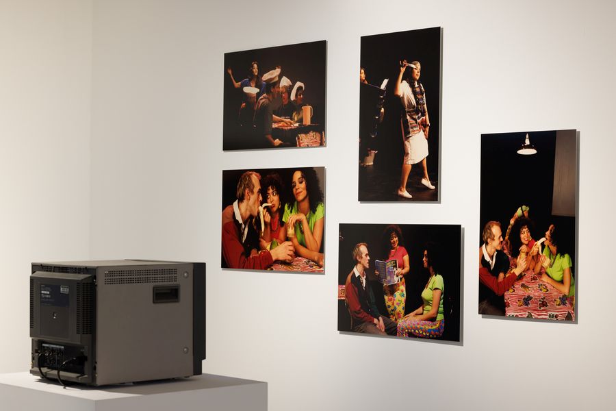 Coco Fusco with Nao Bustamante, Stuff, 1996–99. Courtesy the artist (right). Installation view of the exhibition Coco Fusco – Tomorrow, I Will Become an Island at KW Institute for Contemporary Art, Berlin 2023; Photo: Frank Sperling. Courtesy the artist.