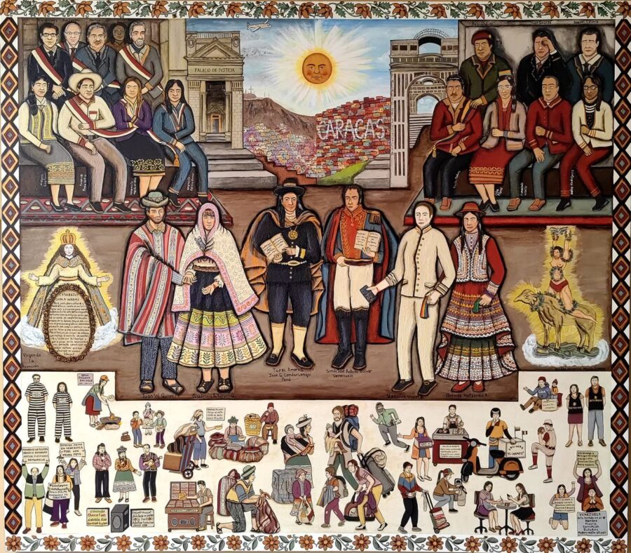 Violeta Quispe Yupari, El Matrimonio de la Chola, 2022. Policromado mixto. Pigmento natural 90% - acrílico 10%, pan de oro sobre MDF, 150 x 170 cm. Cortesía: Vigil Gonzales - Cusco