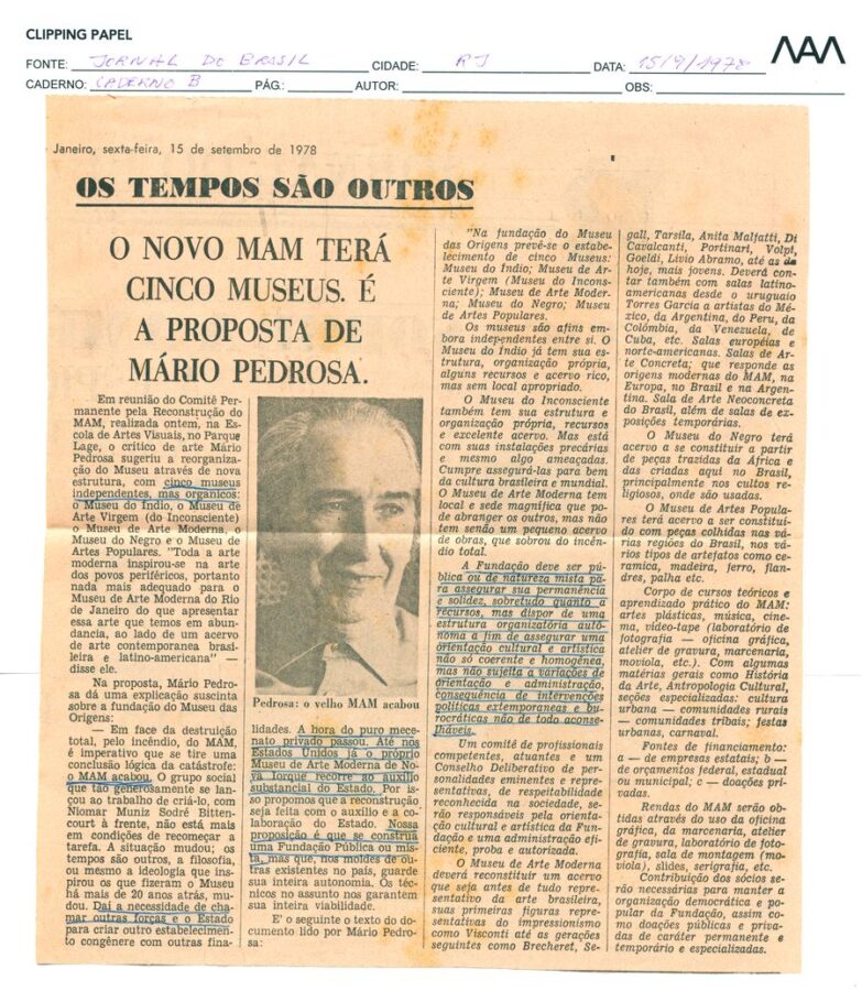 El nuevo MAM tendrá cinco museos. Esta es la propuesta de Mário Pedrosa. En: Jornal do Brasil, Río de Janeiro, 15 de septiembre de 1978. Foto: Colección MAM Río (Investigación y Documentación).