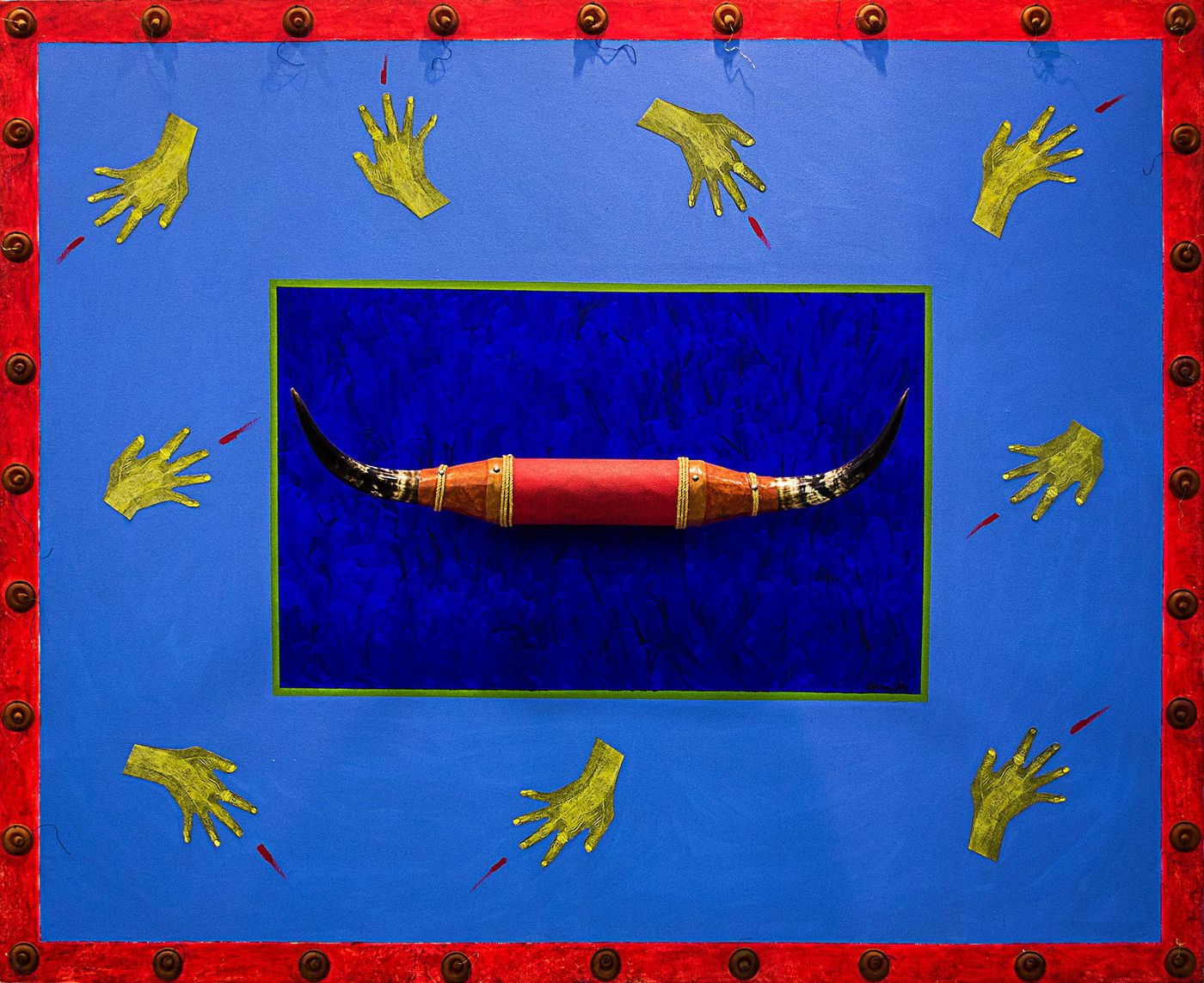 Ofelia Rodríguez, Paisaje flotando con cuernos, 1993. Técnica mixta sobre lienzo, 170 x 210 cm. Cortesía: Instituto de Visión, Bogotá
