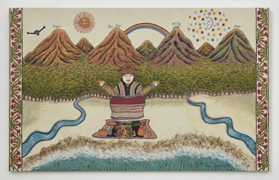 Venuca Evanán, La ofrenda de Francisca, 2023. Pintura, tierra de colores y arena sobre MDF, 50 x 80 cm