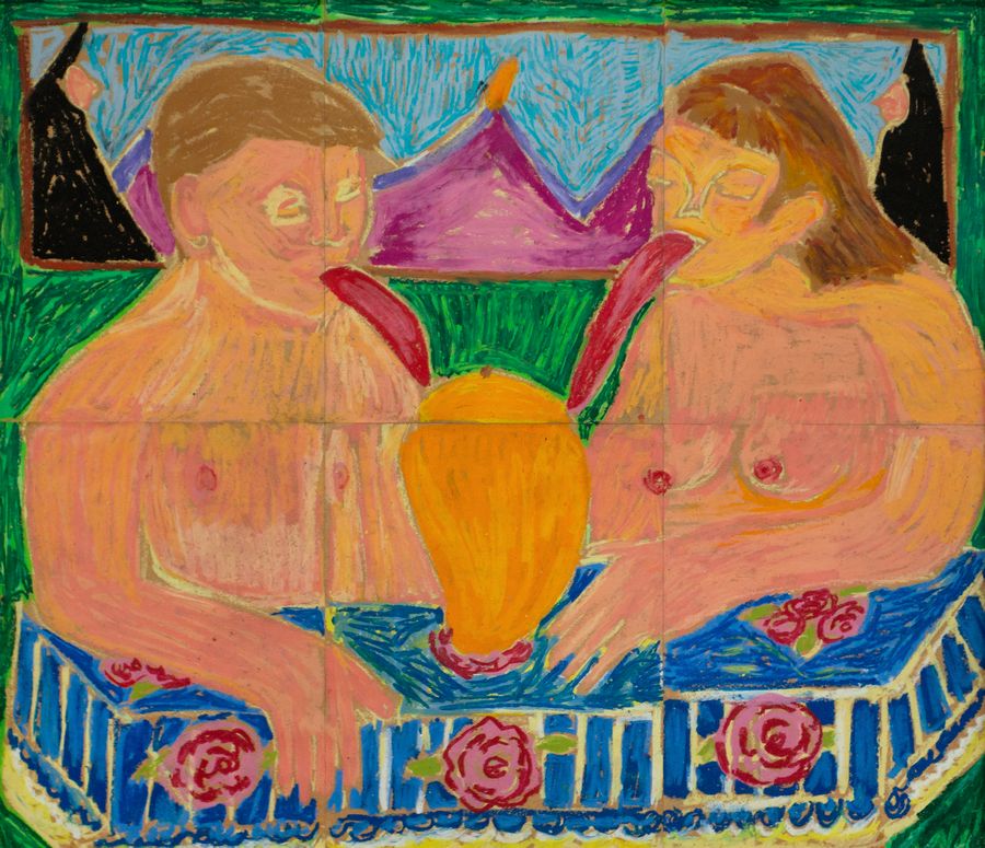Mena Guerrero, Amor al mango, 2024. Óleo pastel sobre papel kraft, 60 x 68.5 cm. Foto cortesía de La ERRE.