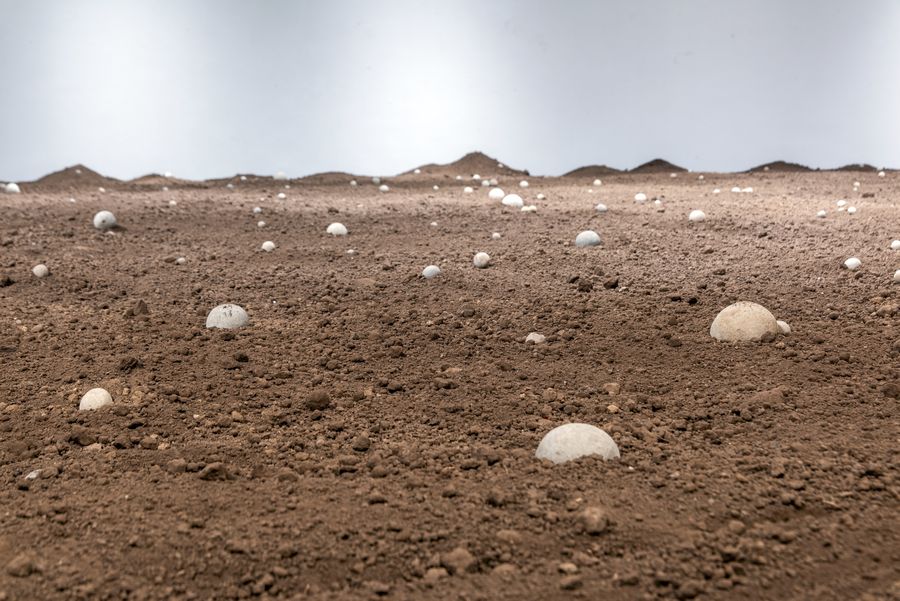 Cristián Salineros, El nacimiento de los cuerpos previos, 2023. Tierra compactada y piedras casi circulares, 160 m2 aprox. x 0.80 m. Foto: Jorge Brantmayer