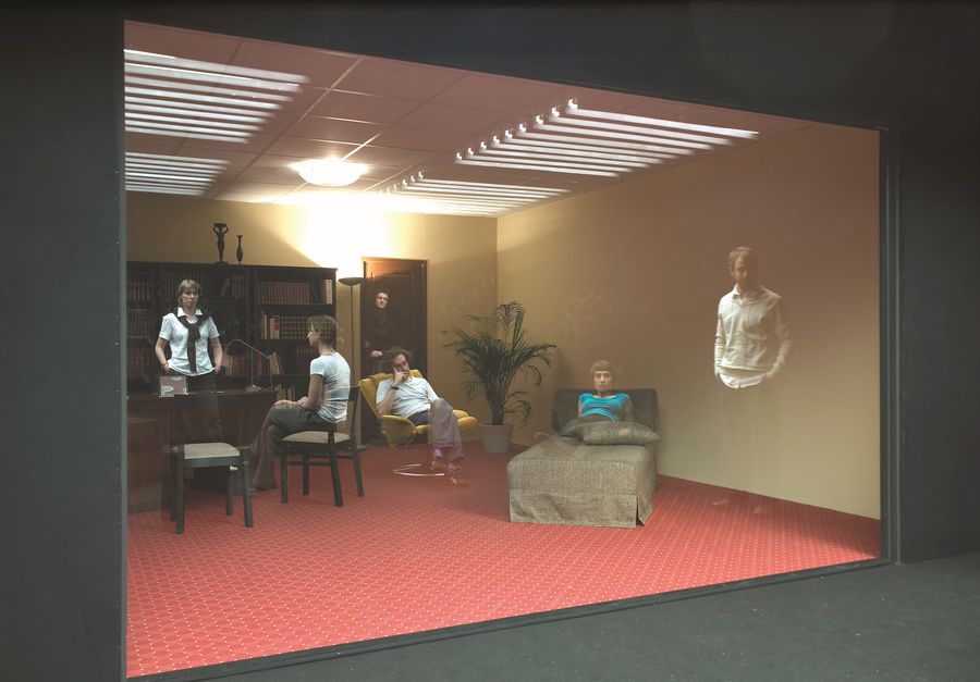 Leandro Erlich, El Consultorio del Psicoanalista, 2005. Two identical pieces, sofa, bookcase, desk, chairs, rug, mirror, black boxes and light, dimensions variable. Collection of the artist / With the generous support of Galleria Continua
