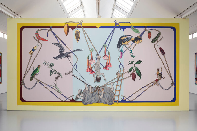 Claudia Martínez Garay, Hold Everything Dear, 2024. Impresiones por sublimación sobre aluminio y mural pintado. Foto cortesía de DCA