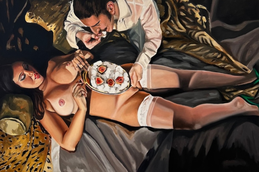 Cynthia Cohen, The Shame 4, 2024. Oil on canvas plus velvet curtain, steel rod, laminated wood paneling, 11 x 9 inches photo print and lighting fixture. 26 × 39 × 2 in | 66 × 99.1 × 5.1 cm. Courtesy: Dot Fiftyone Gallery, Miami