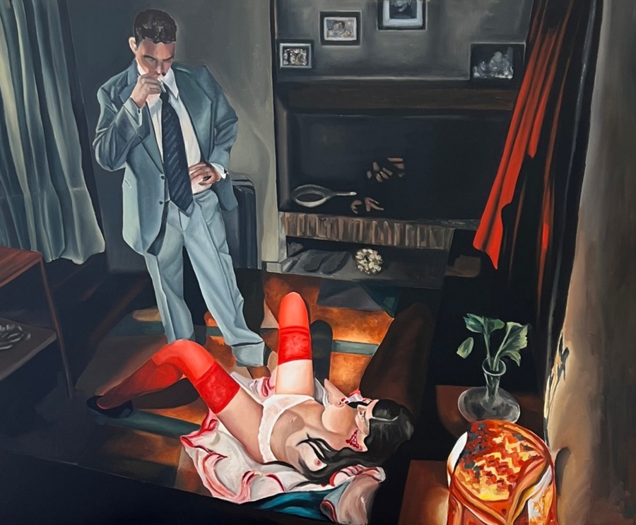 Cynthia Cohen, The Shame I, 2024. Oil on canvas plus velvet curtain, steel rod, laminated wood paneling, 11 x 9 inches photo print and lighting fixture. 35 1/2 × 43 × 2 in | 90.2 × 109.2 × 5.1 cm. Courtesy: Dot Fiftyone Gallery, Miami