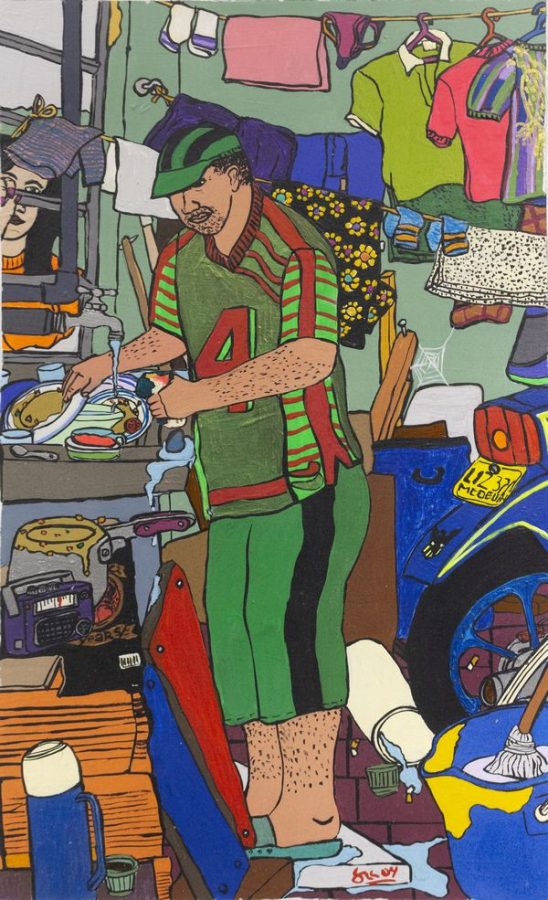 Jorge Alonso Zapata "JAZ", El inquilinato. Acrílico sobre cartón, 41.7 x 26.6 cm. Cortesía del artista