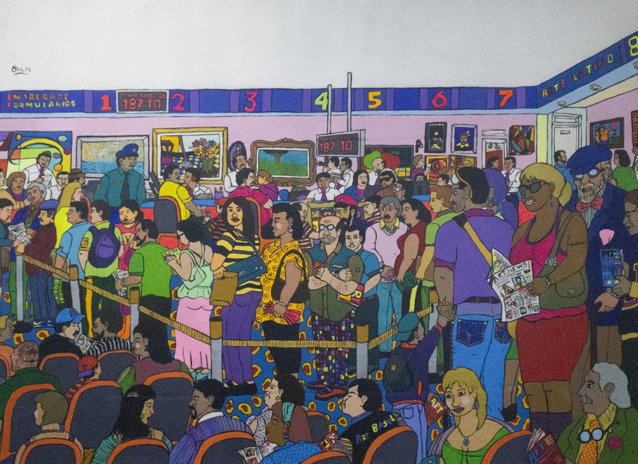 Jorge Alonso Zapata "JAZ", Fila para comprar un cuadro. Acrílico sobre cartón, 74 x 53.8 cm. Cortesía del artista
