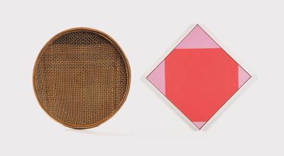 Izq: Cesta Fhahádi-fhédi (La Cara del armadillo), del pueblo Ye’kwana; der: Max Bill, Qudrat Mit Veränderten Lila, 1960-1967, óleo sobre tela.
