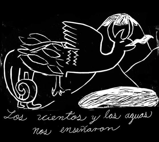 Colectivo Ayllu, Existió un tiempo anterior a que tuviéramos cuerpo. Grabado digitalizado impreso en tela, 140 x 130 cm. Ed: 5+ 1 PA. Cortesía: Formato Cómodo, Madrid