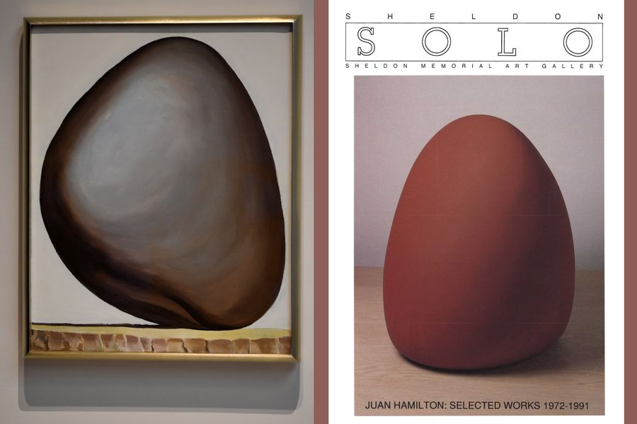 2. A la izquierda, Black Rock With White Background (1963-1971), óleo sobre tela, de Georgia O'Keeffe y a la derecha, la portada del catálogo de la muestra Juan Hamilton: Selected Works (1978-1991) en el Sheldon Memorial Art Gallery de la Universidad de Nebraska-Lincoln, el año ’91.