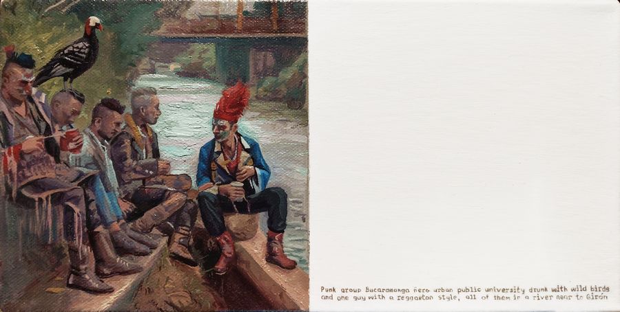 José Ricardo Contreras, Pájaros y Ñeros, 2025. Acrílico y óleo sobre lona (imágenes generadas con asistencia de IA), 12 x 24 cm.