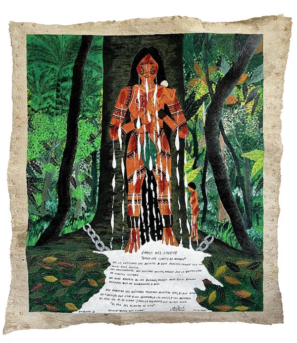 Santiago Yahuarcani, Amazonía II, 2022. Tintes naturales y pintura sobre llanchama. Cortesía del artista y de la Colección Hochschild Correa