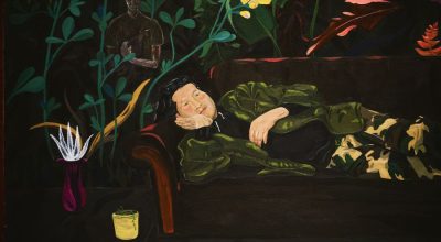 A painting of a person lying on a couch