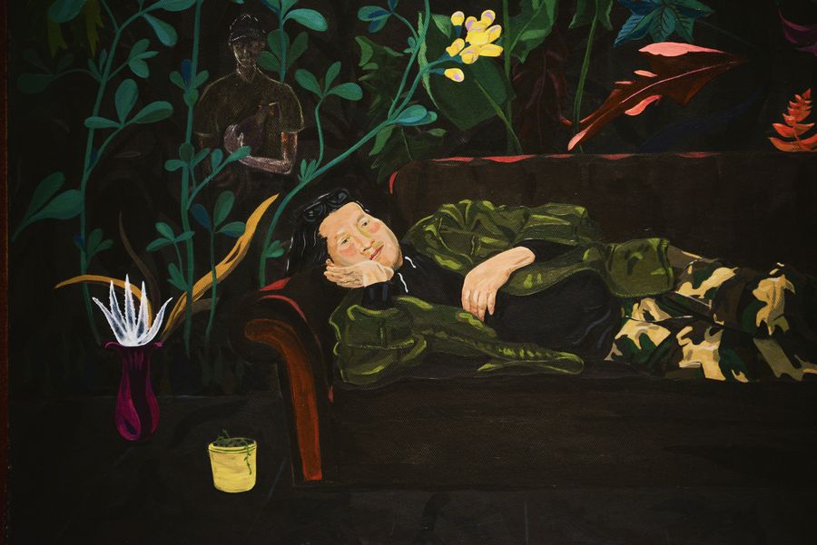 A painting of a person lying on a couch