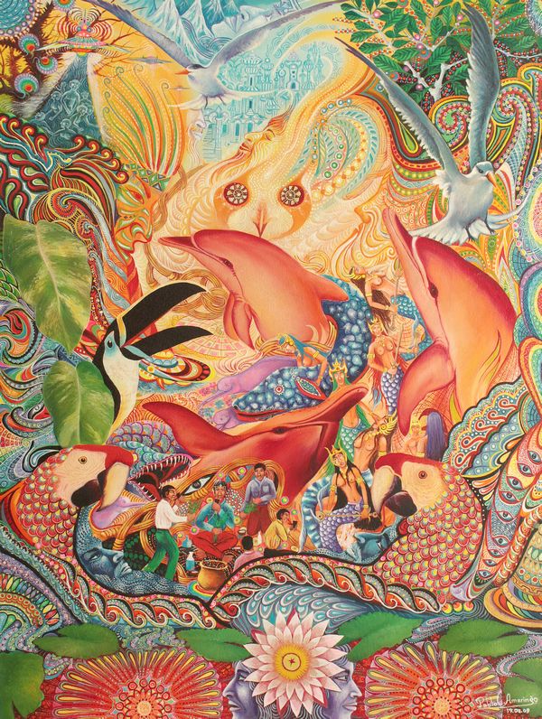 Pablo César Amaringo Shuña, La danza de los puca bufeos, 2009. Óleo sobre lienzo. Cortesía del artista y de la Colección Hochschild Correa